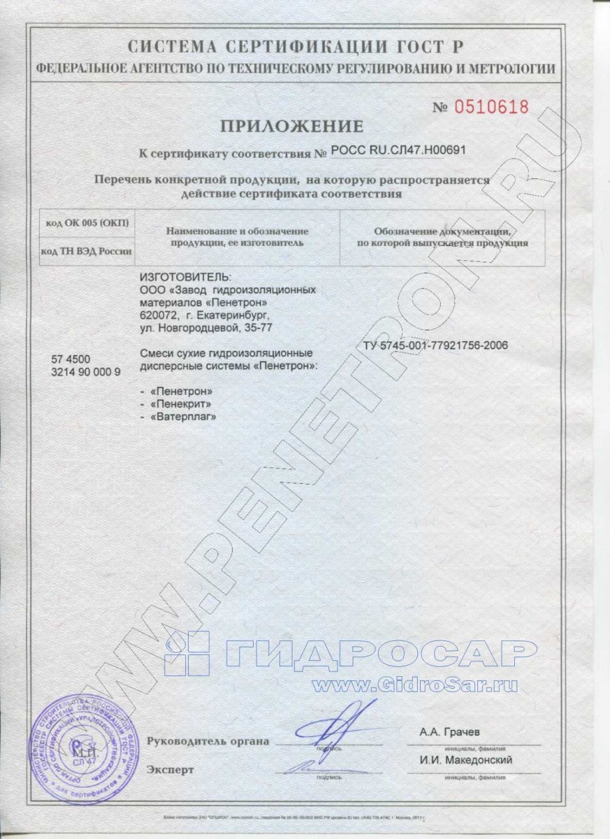 Сертификат на гидроизоляцию. Пенетрон Саранск